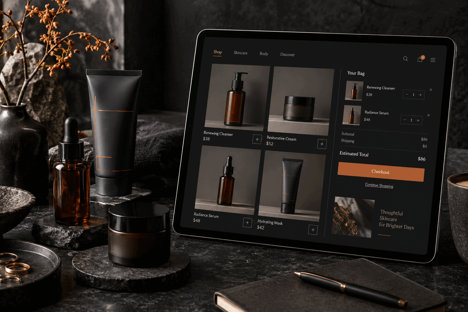 Custom skincare storefront and shopping bag
