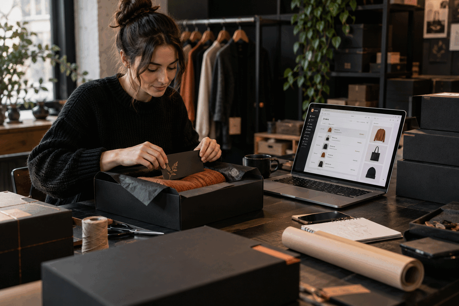 Retail order preparation beside an online store dashboard